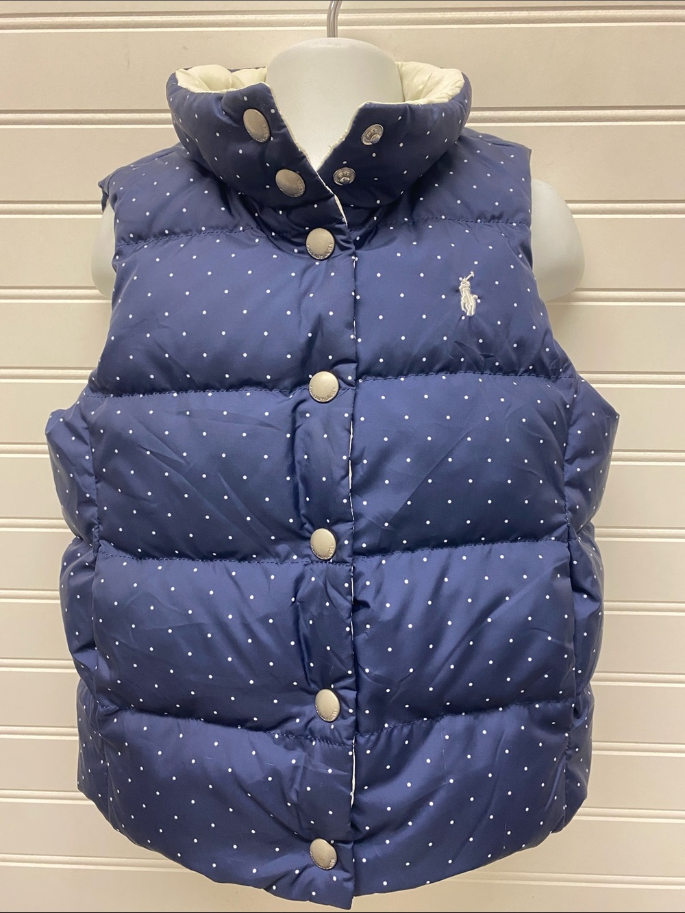 Polo Ralph Lauren Girls Navy White Polka Dot Reversible Quilted Down Puffer Vest